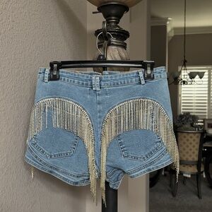 Rhinestone Fringe Denim Shorts - Light Blue #Coachella #EDC #Festival